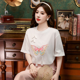 白色蝴蝶刺绣短袖t恤女夏季2024新款中式国风盘扣重工设计感上衣