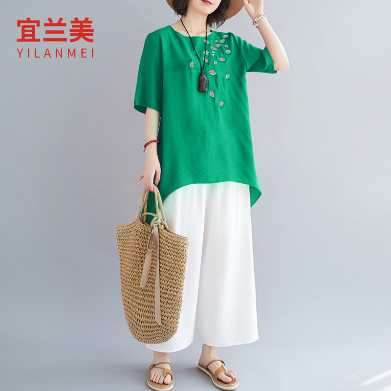 棉麻套装女40岁妈妈夏装2021年新款女装时尚休闲遮肚子亚麻两件套