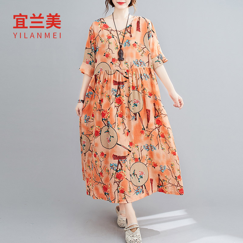 2020夏季新款遮肚显瘦棉绸亚麻长裙文艺棉麻民族风中长款连衣裙女