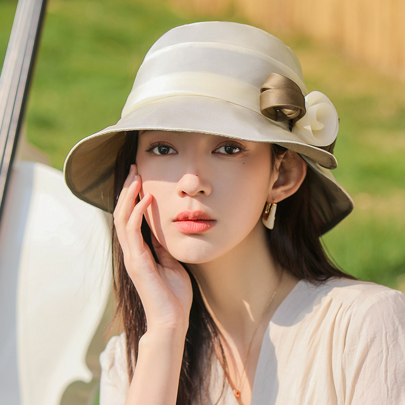 桑蚕丝太阳帽子女款夏季时尚洋气遮阳帽韩版百搭日系显脸小渔夫帽