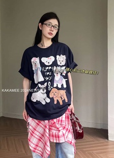 KAKAMEE夏季卡通狗狗喷画蝴蝶结短袖T恤女休闲宽松百搭中长上衣潮