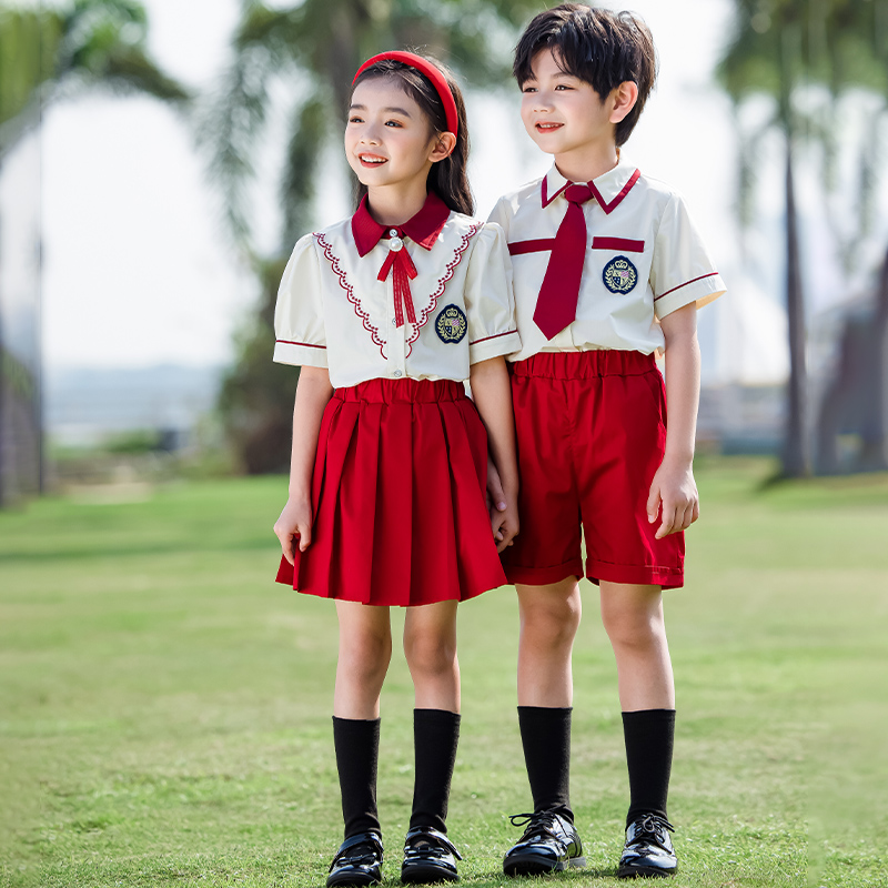 幼儿园园服夏装英伦风衬衫红色儿童大合唱班服套装夏天小学生校服