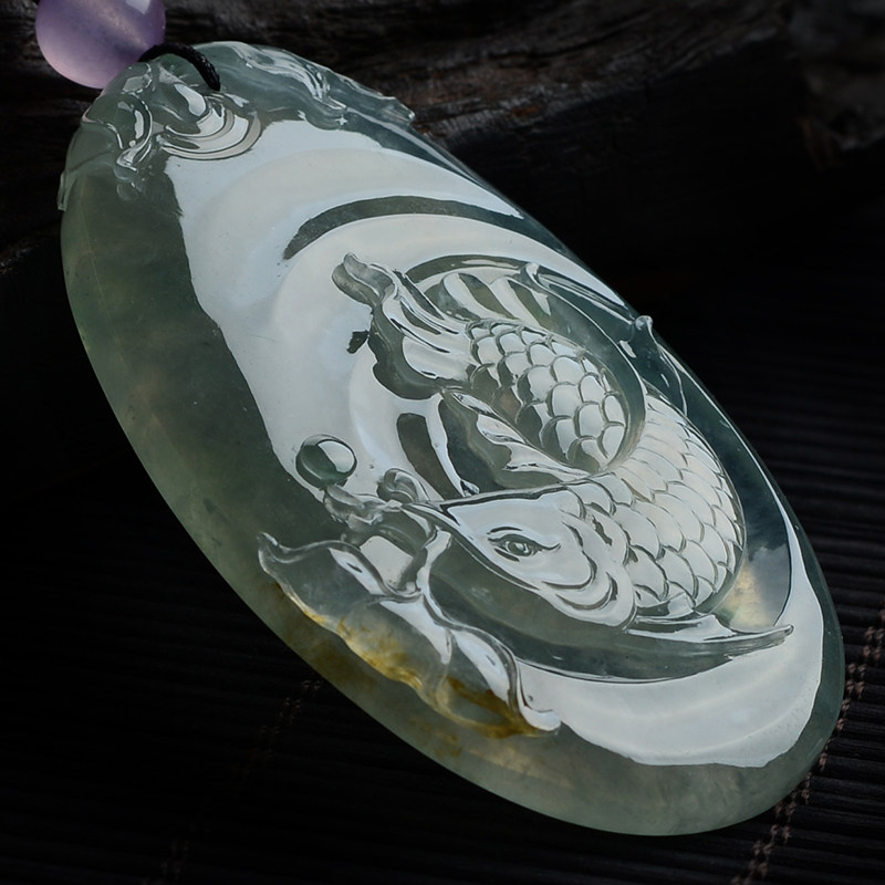 【玉雕大师高嘉作品】天然缅甸a货翡翠冰种金龙鱼吊坠38.51g