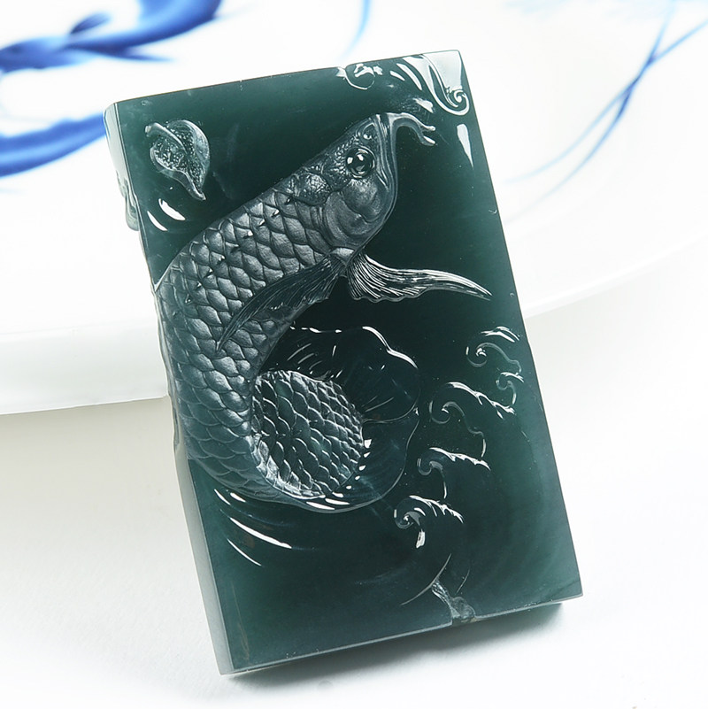 省玉雕大师高嘉作品天然缅甸a货翡翠蓝水金龙鱼吊坠7 4.20g