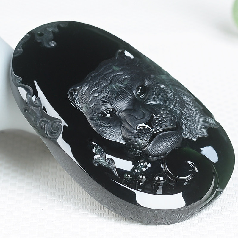 【玉雕大师高嘉作品】天然a货翡翠玻璃种墨翠老虎头吊坠37.4g