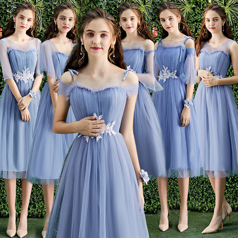 伴娘服女2019新款夏韩式修身显瘦蓝色中长款闺蜜姐妹团仙气质礼服