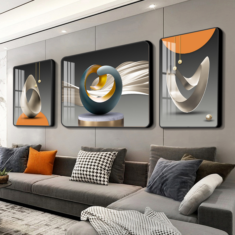 新款圆角沙发背景墙壁画现代简约三联客厅装饰画大气轻奢客厅挂画