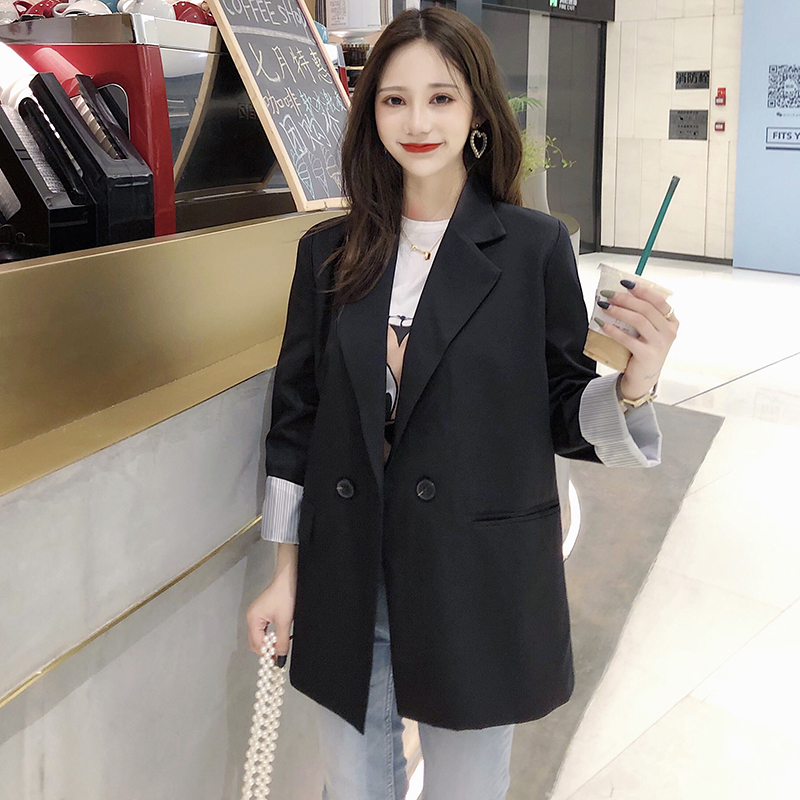 网红黑色小西装外套女韩版宽松2019秋冬新款英伦风撞色休闲西服潮