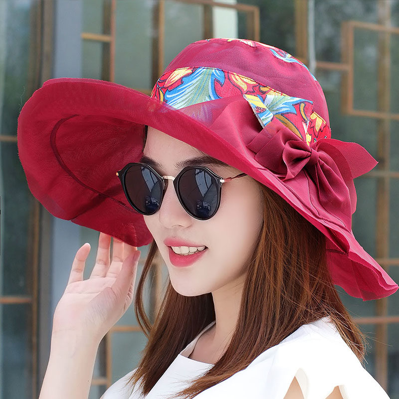 帽子女韩版夏天遮阳帽欧根纱透气薄款大檐防晒太阳帽蝴蝶结沙滩帽