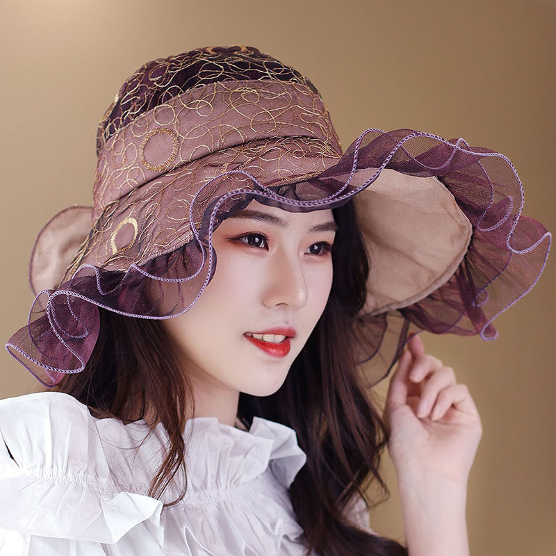 帽子女韩时尚纱质绣线荷叶边大沿空顶帽扎马尾太阳帽骑车防晒凉帽