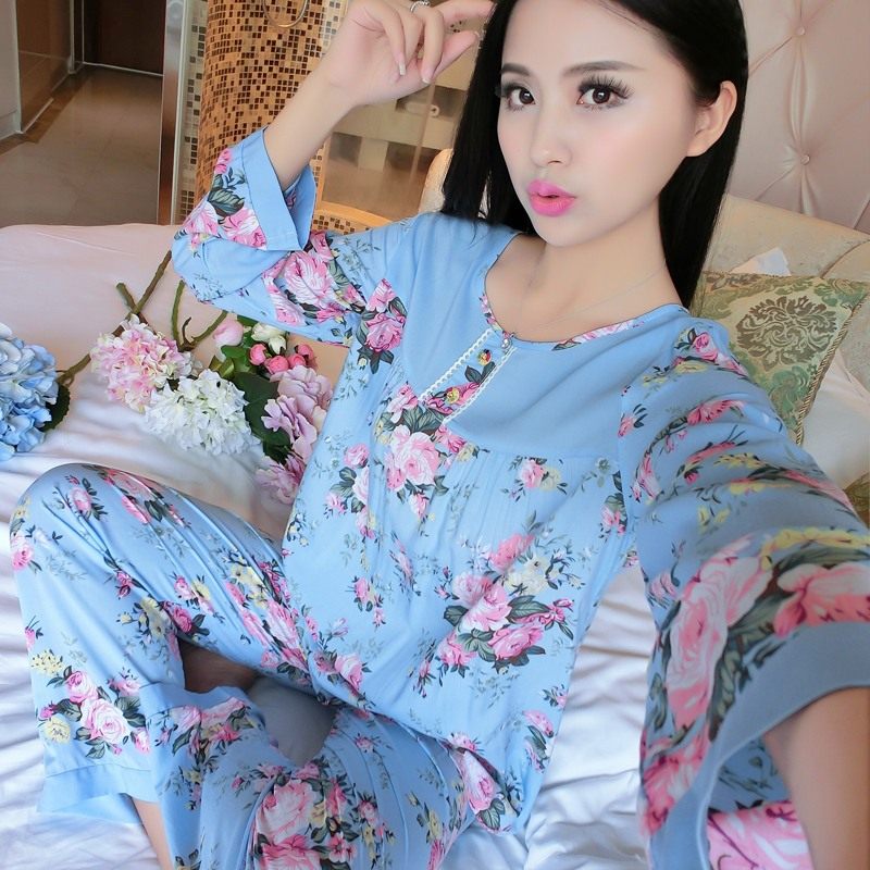 春夏天棉绸睡衣套装女士长袖绵绸薄款秋季人造棉空调家居服大码