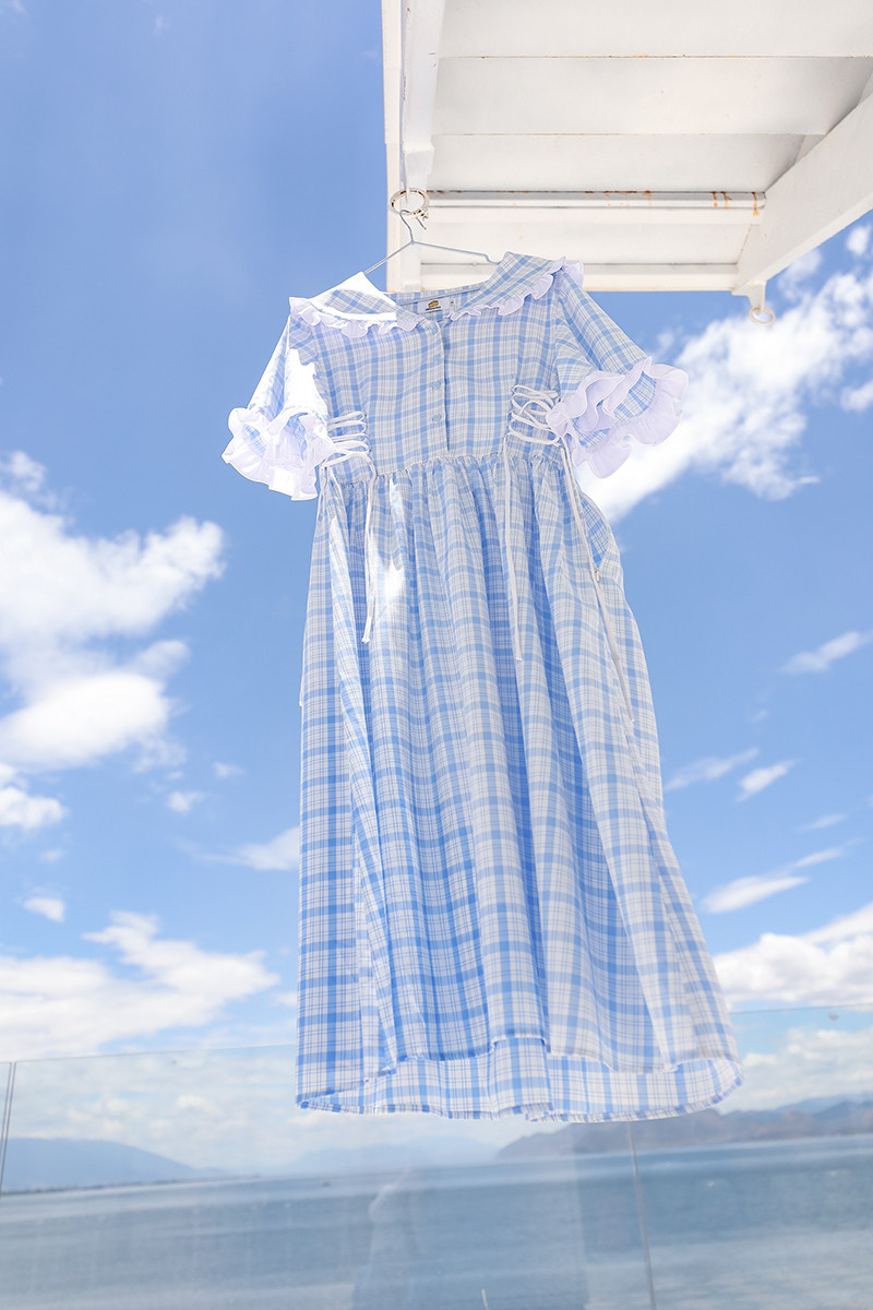 【天空来笺】大码蓝色格子裙高级感小个子连衣裙胖mm盐系女穿搭夏