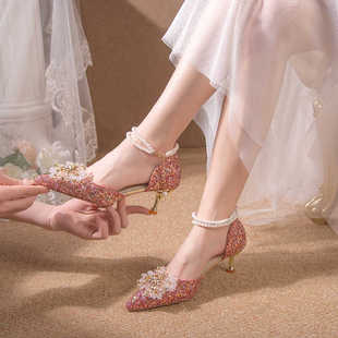 水晶单鞋凉鞋一字带细跟法式成人礼服宴会红色高跟伴娘婚鞋新娘鞋