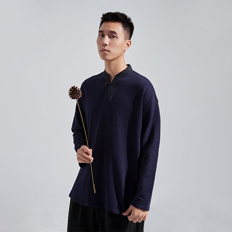 一芫无界二十六三色棉麻立领中国风休闲男款百搭t恤卫衣打底衫冬