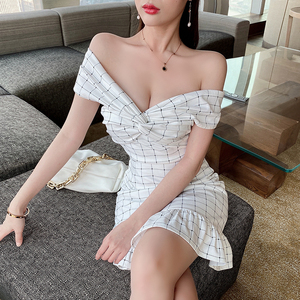 One shoulder dress sexy off shoulder short skirt Plaid fishtail skirt