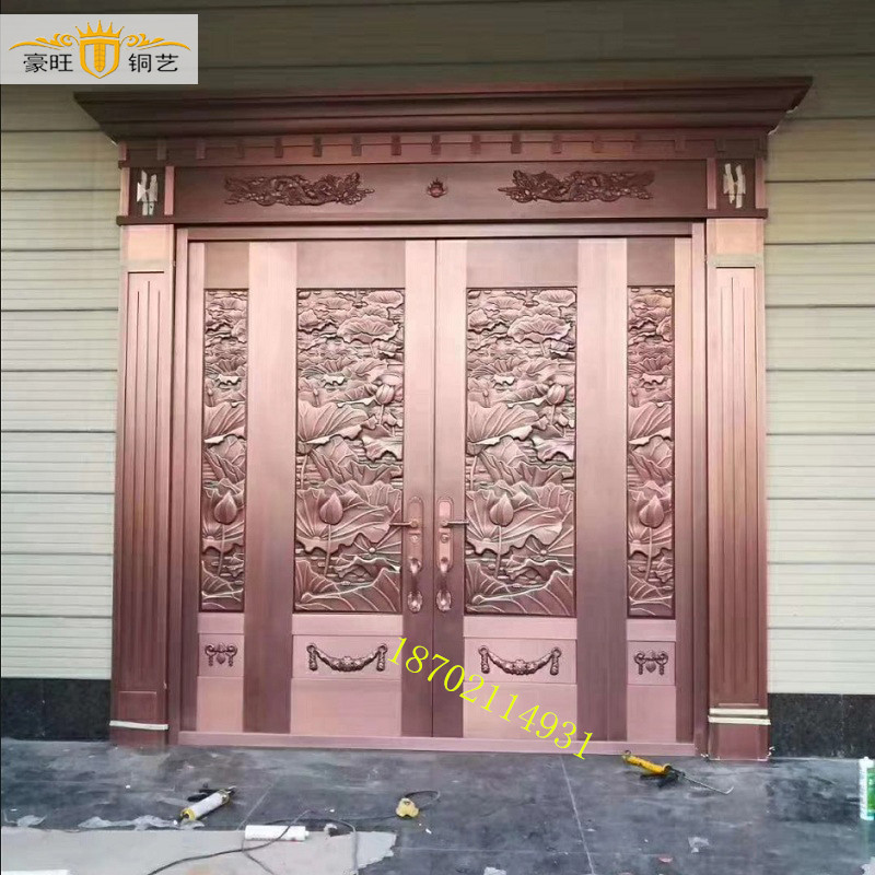 定制紫铜大门别墅大门双开进户门不锈钢镀铜门步步莲花中式大门