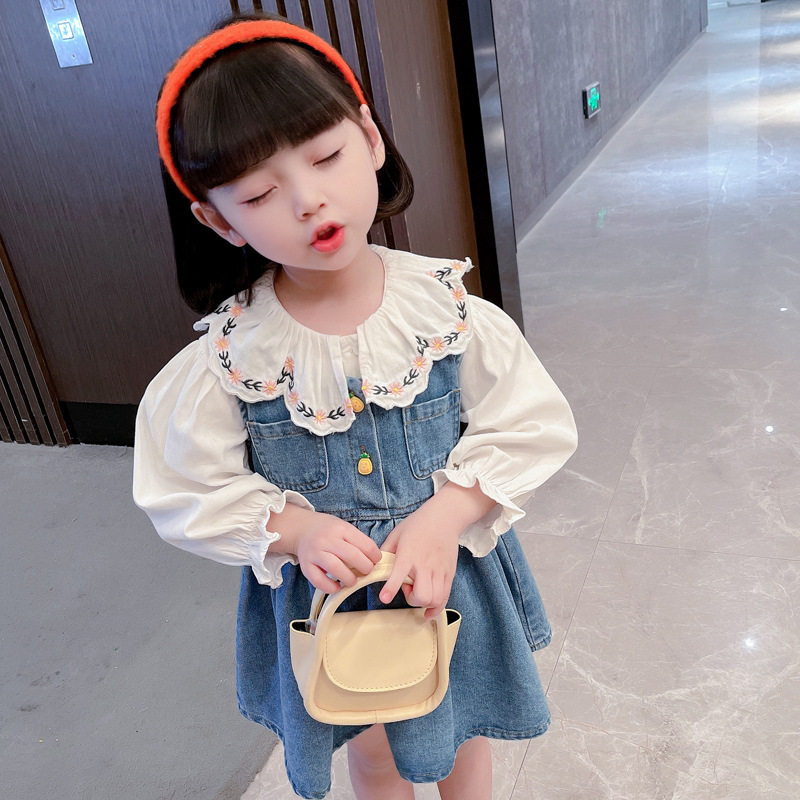 三到四至五岁小女孩长袖衬衣牛仔背带裙套装春天穿6女童洋气2衣服