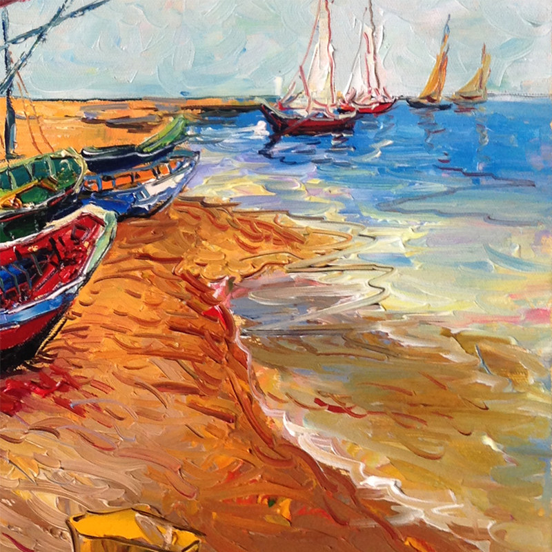 【即刻拍】临摹 梵高《圣玛迪拉莫海边的船》 布面油画