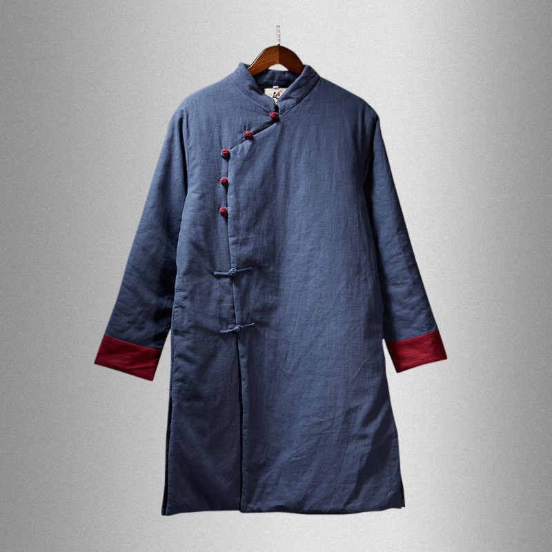 中式棉服男秋冬斜襟立领盘扣唐装棉袄男中长款亚麻大褂中国风棉衣