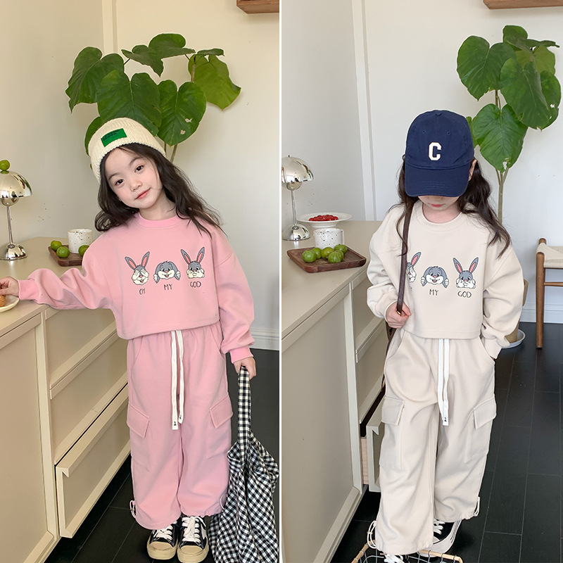 儿童套装女童韩版复合加厚短款小兔子卫衣+工装裤两件套