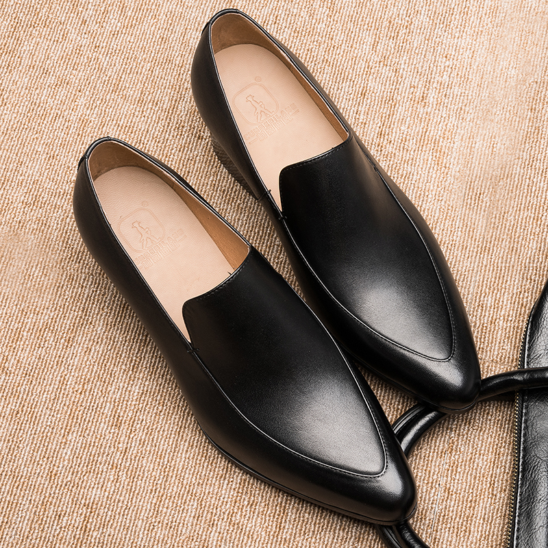 秋季浅口皮鞋男士乐福鞋真皮韩版商务潮流一脚蹬尖头皮鞋男增高鞋