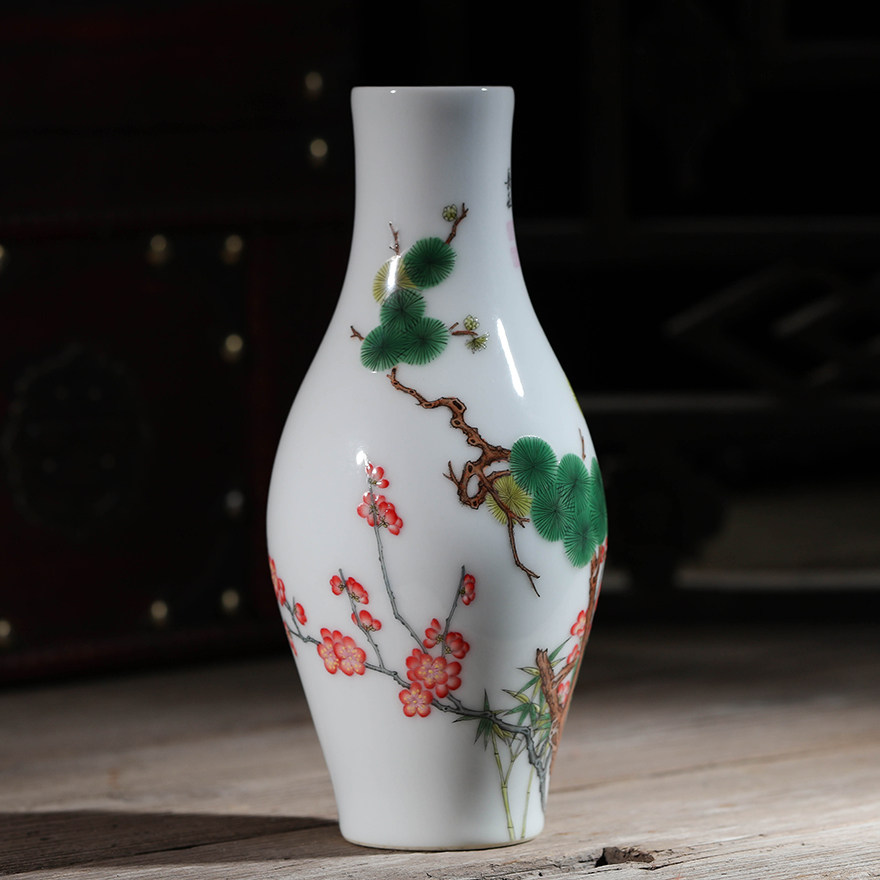 【直供】《珐琅彩松竹纹橄榄瓶》 艺术瓷厂老画师 罗梅凤作品