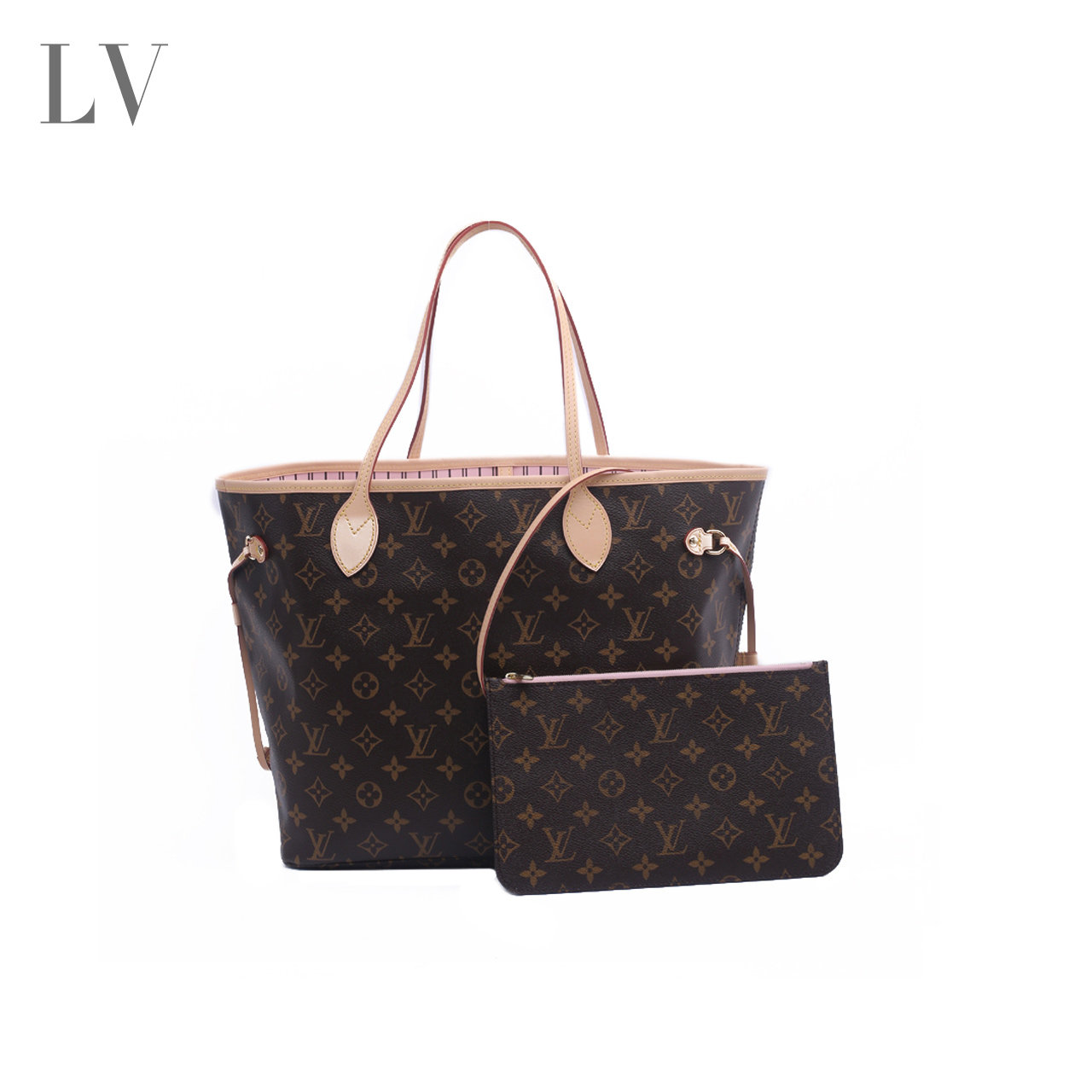 [99新]未使用 lv 老花 新版neverfull 中号手袋 内拼芭蕾粉
