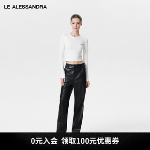 品牌直营 LE ALESSANDRA 白色圆领打底丝光棉修身短款长袖T恤女