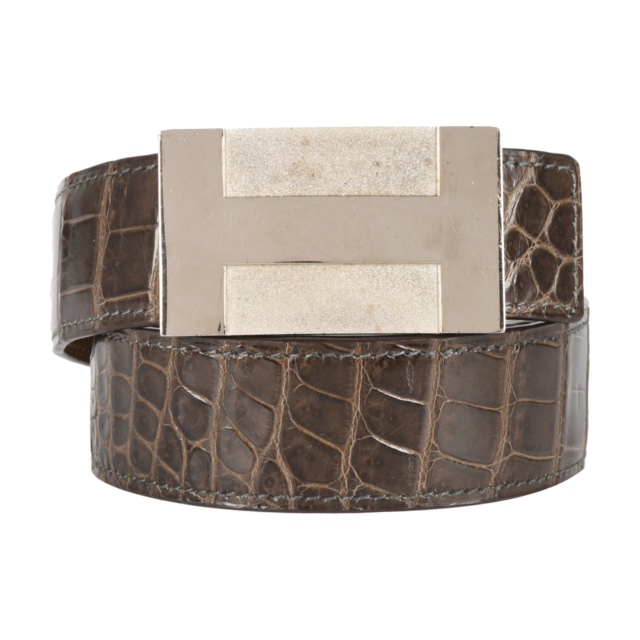 [9.5新]爱马仕hermes男士黑色鳄鱼皮方h银扣皮带n刻90cm10005376