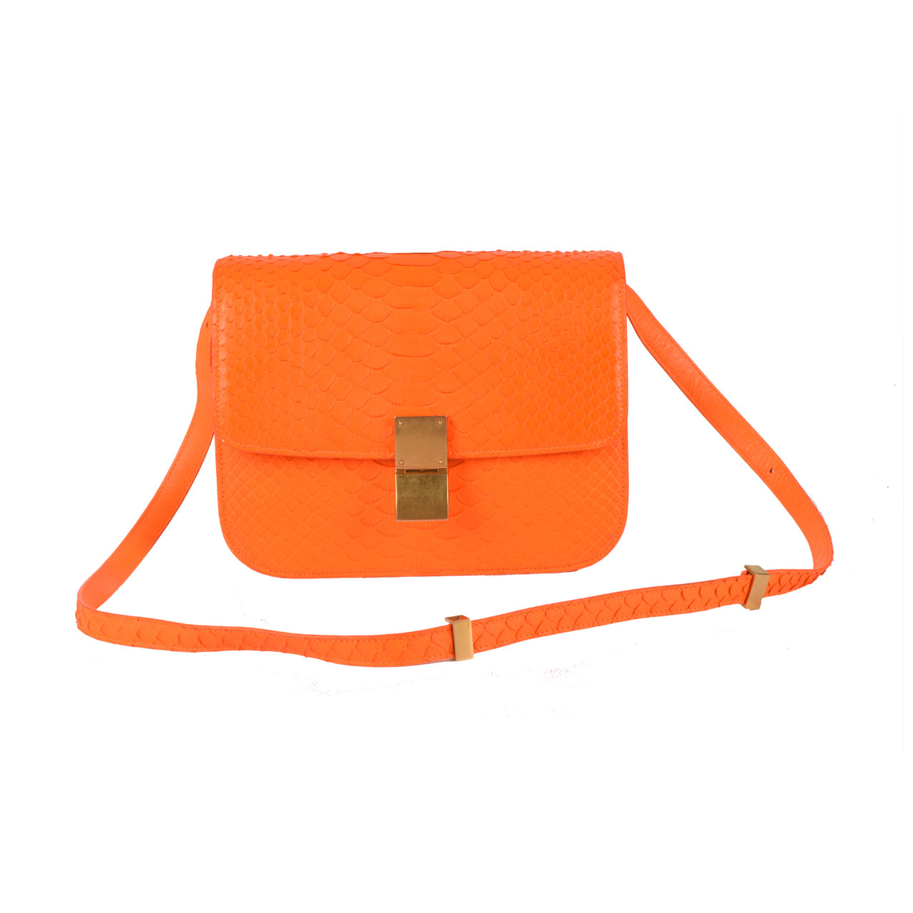 [9.5新]赛琳celine女士橘色蛇皮金扣斜挎包box系列20001912