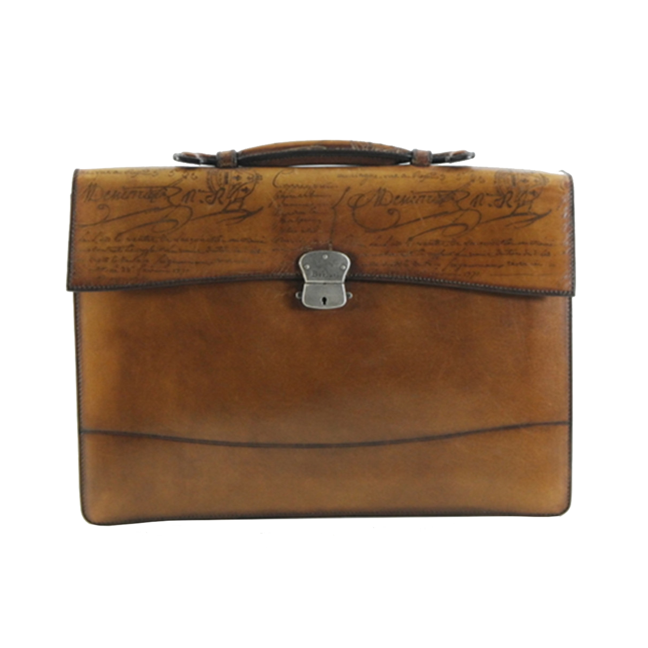 [9.0新]伯尔鲁帝berluti男士浅棕色牛皮做旧金属扣翻盖公文手提包