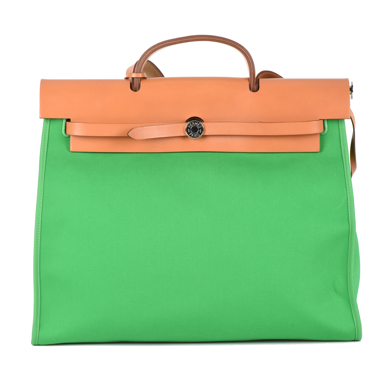 [9.5新]爱马仕hermes女士竹子绿帆布拼牛皮大号两用包herbag系列
