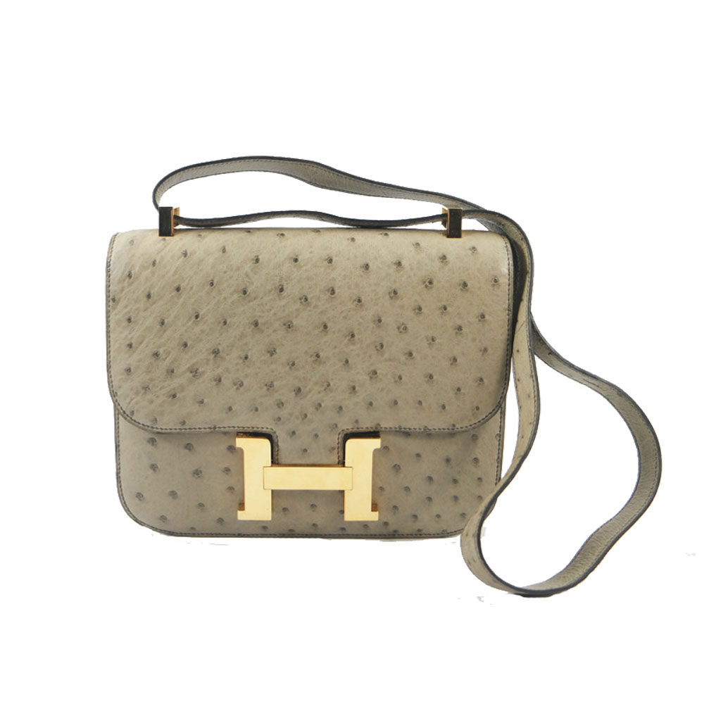 【9新】hermes constance 24 鸵鸟皮慕斯灰金扣大号单肩包 w刻