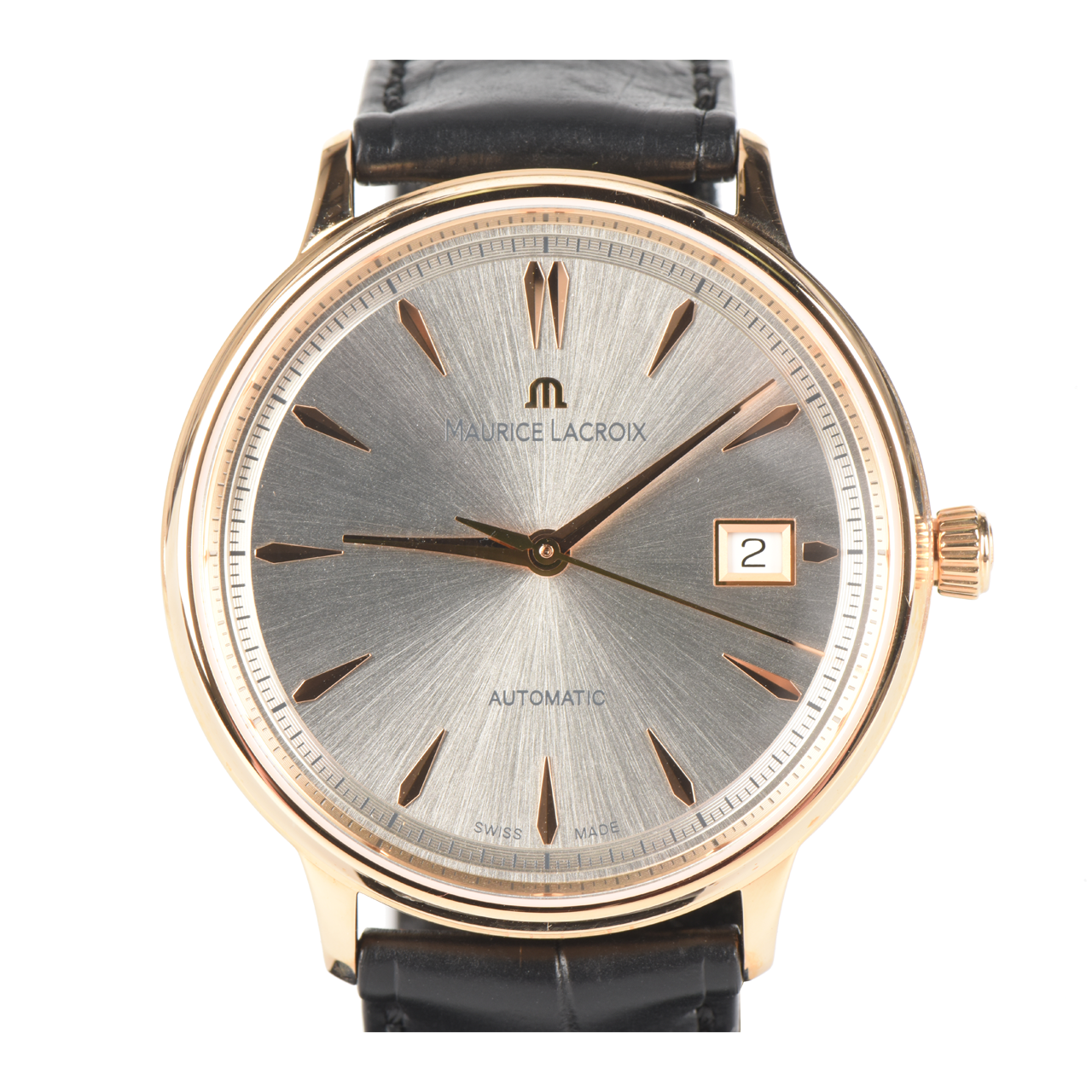 [未使用]mauricelacroix艾美男士750玫瑰金银面日历自动机械表