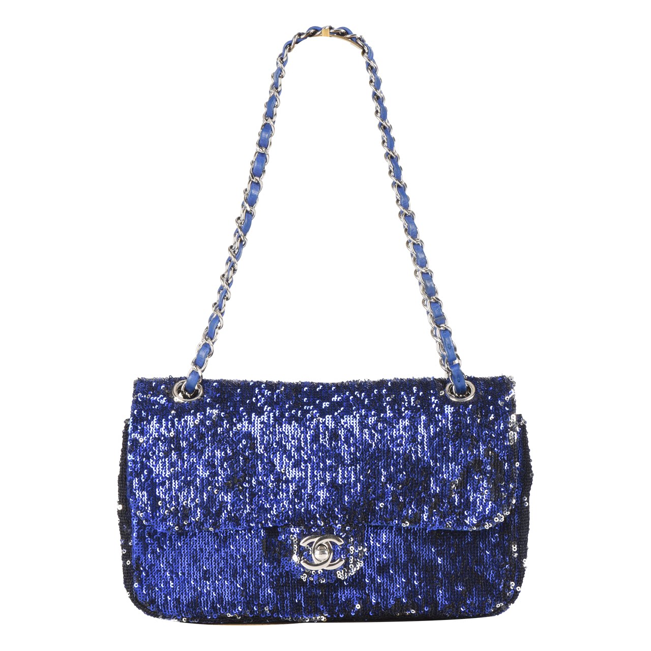 [9.8新]香奈儿chanel女士蓝色珠片银链单肩包20001696