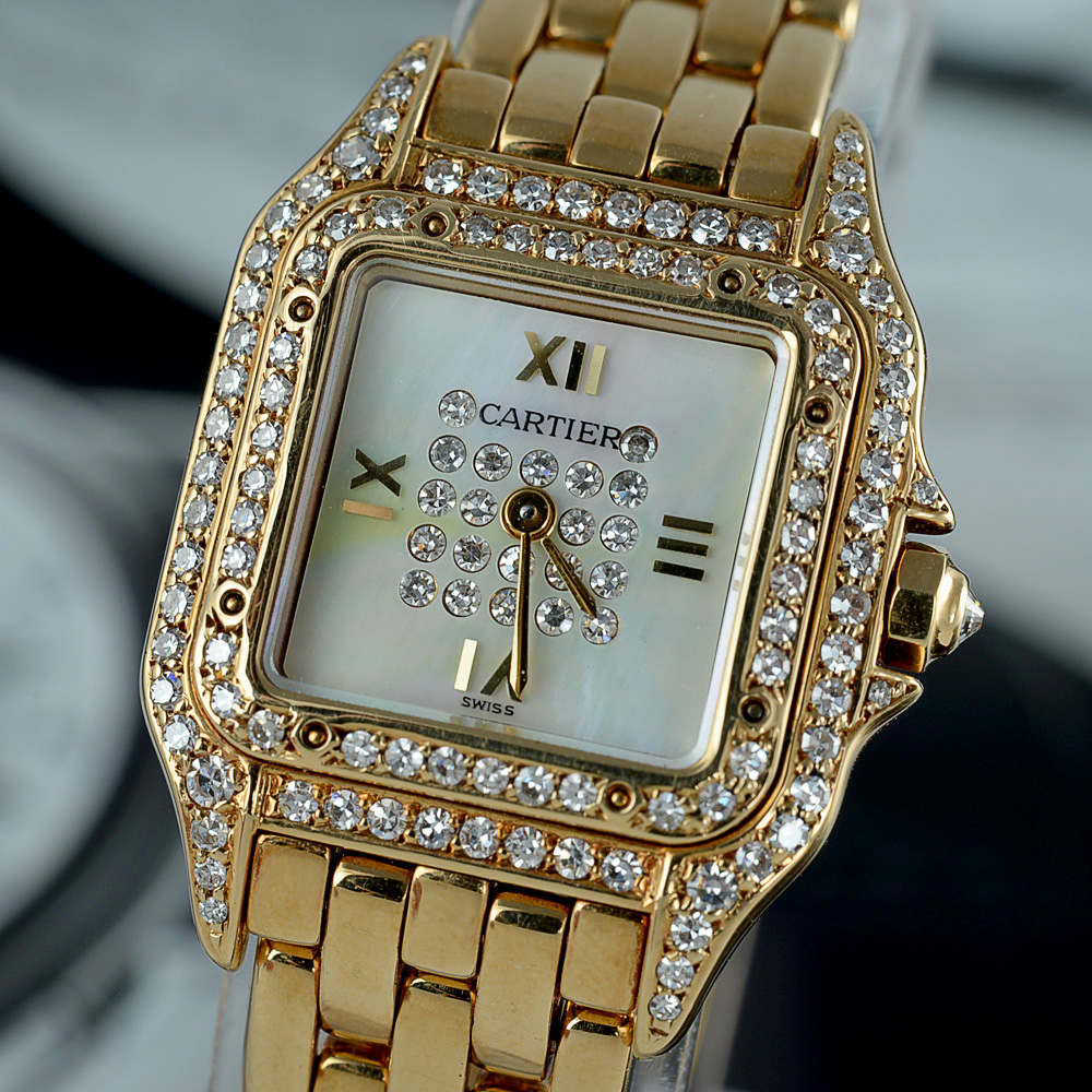 【中古】cartier/卡地亚 18k黄金镶钻 石英女表