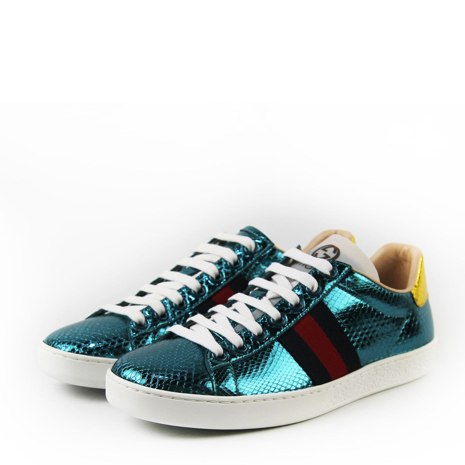 [9.9新/未使用]古驰gucci绿色亮面红绿条纹女士休闲鞋 36码