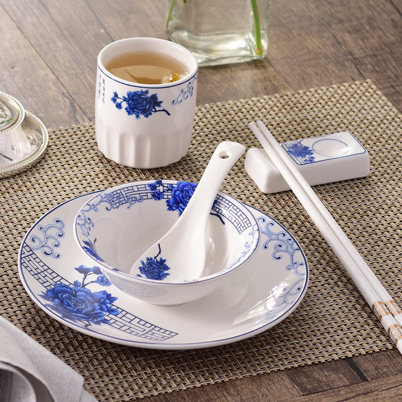 酒店用品陶瓷中式饭店碗盘碟套装餐厅摆台餐具四件套定制印字logo