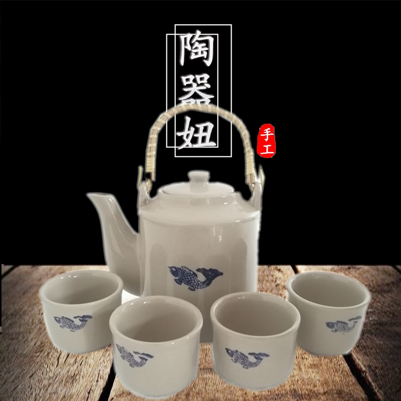 中式复古凉水壶陶瓷土陶提梁茶壶老式酒店饭店特色粗陶复古泡茶壶