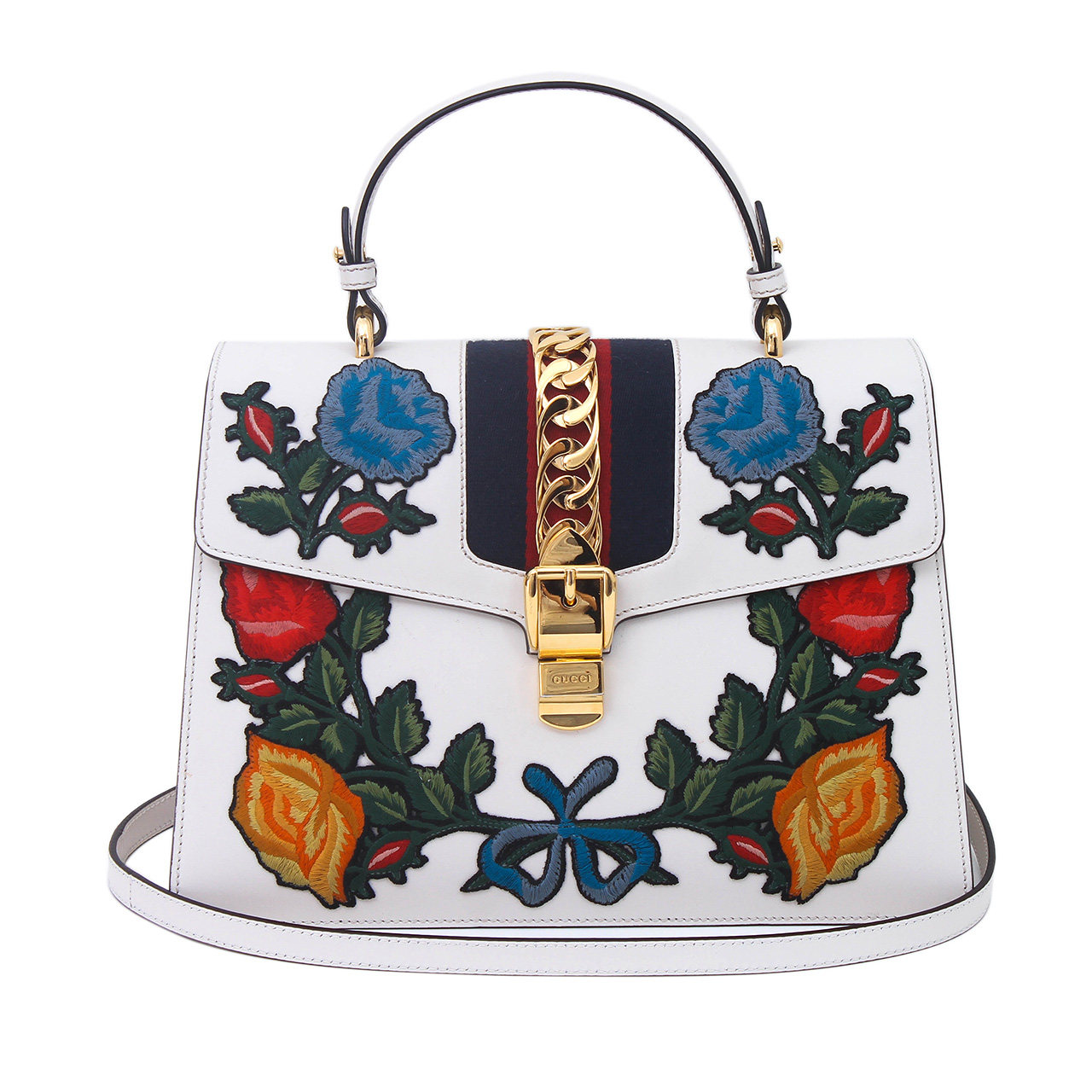 [9.5新]古驰gucci女士sylvie中号牛皮刺绣金扣手提单肩斜挎包