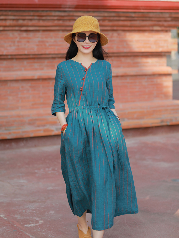 外贸出口高端意大利大牌女装亚麻连衣裙新款色织条纹旅行文艺长裙