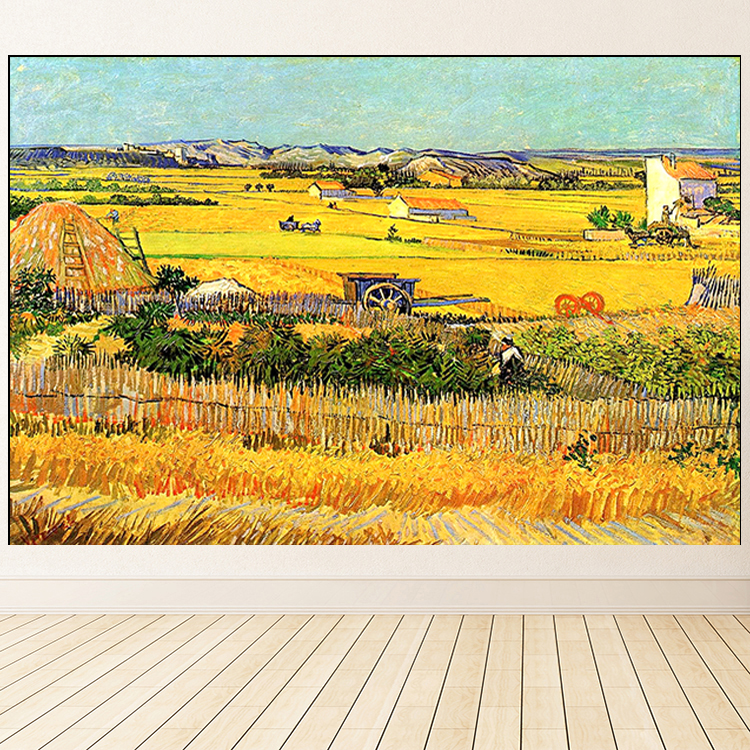 梵高丰收麦田贴画金色麦田挂画田园风景海报油画酒店餐厅装饰壁画