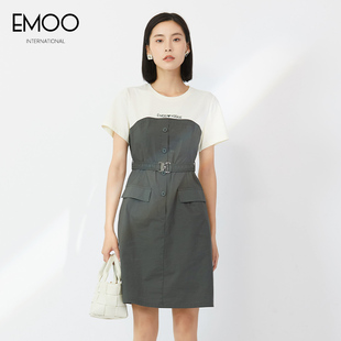 EMOO杨门女装2024年夏季新款工装风拼接显瘦舒适收腰连衣裙女