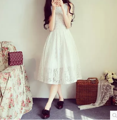 韩国新款纯白色蕾丝长裙修身显瘦甜美复古连衣裙蓬蓬裙伞裙公主裙