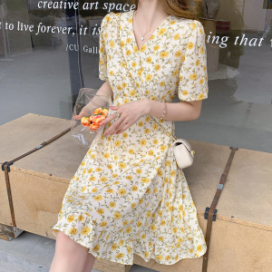 Chiffon Floral Dress Lady's slim waist dress