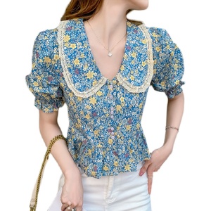 Lace edge doll neck foreign style short shirt women's foam sleeve Floral Top