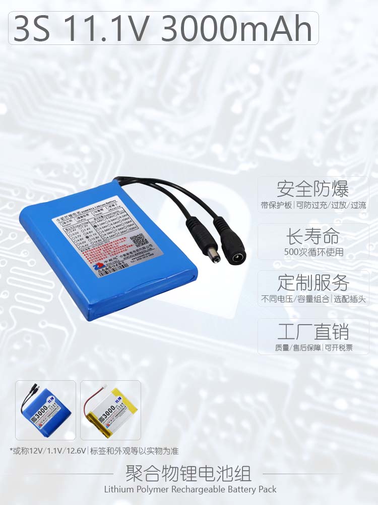 中顺芯3000mAh聚合物锂电池组11.1V 音响灯具便携设备仪器电源12V