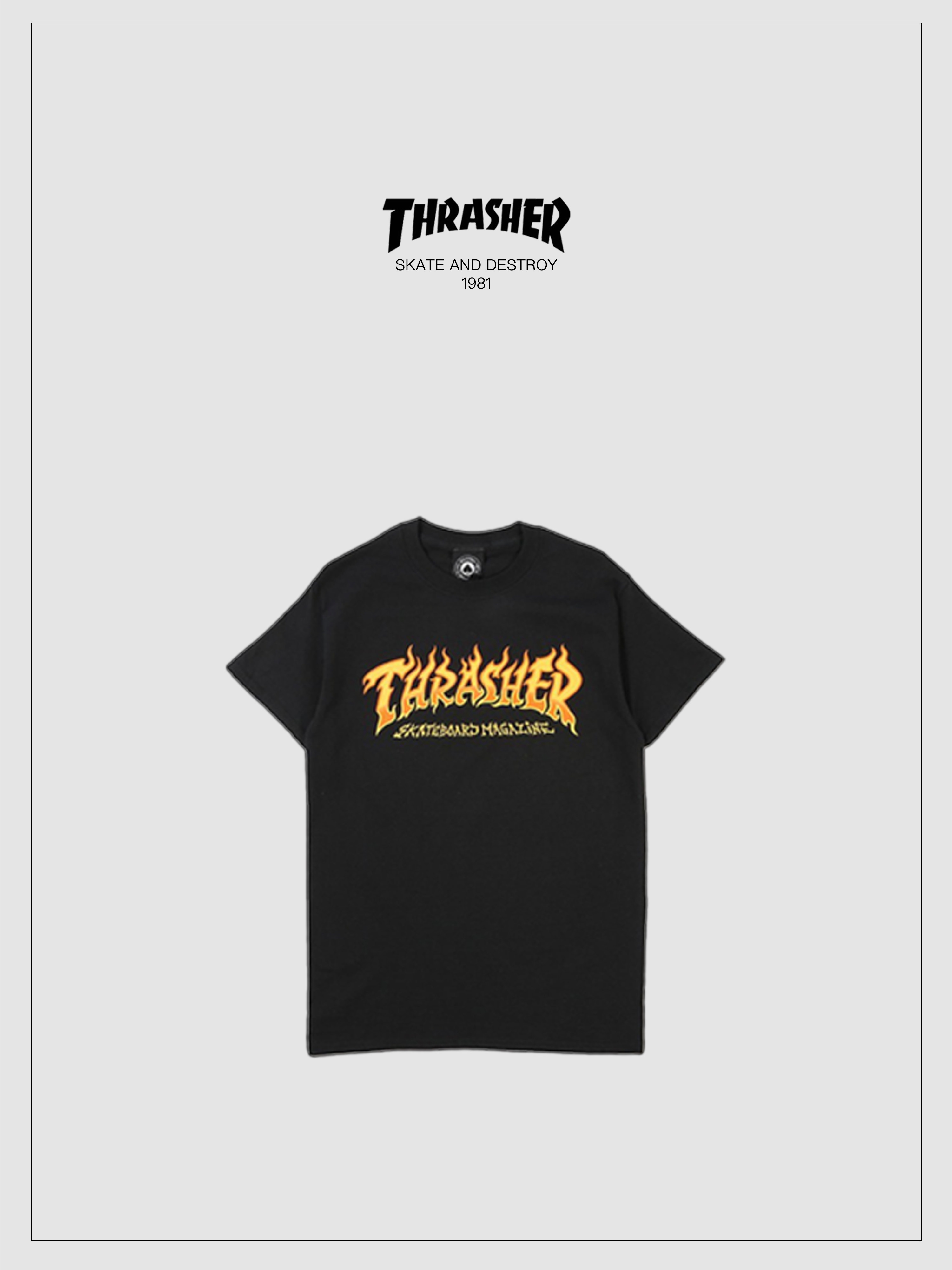 thrasher美版颤抖火焰字母logo印花设计圆领短袖t恤情侣男女同款