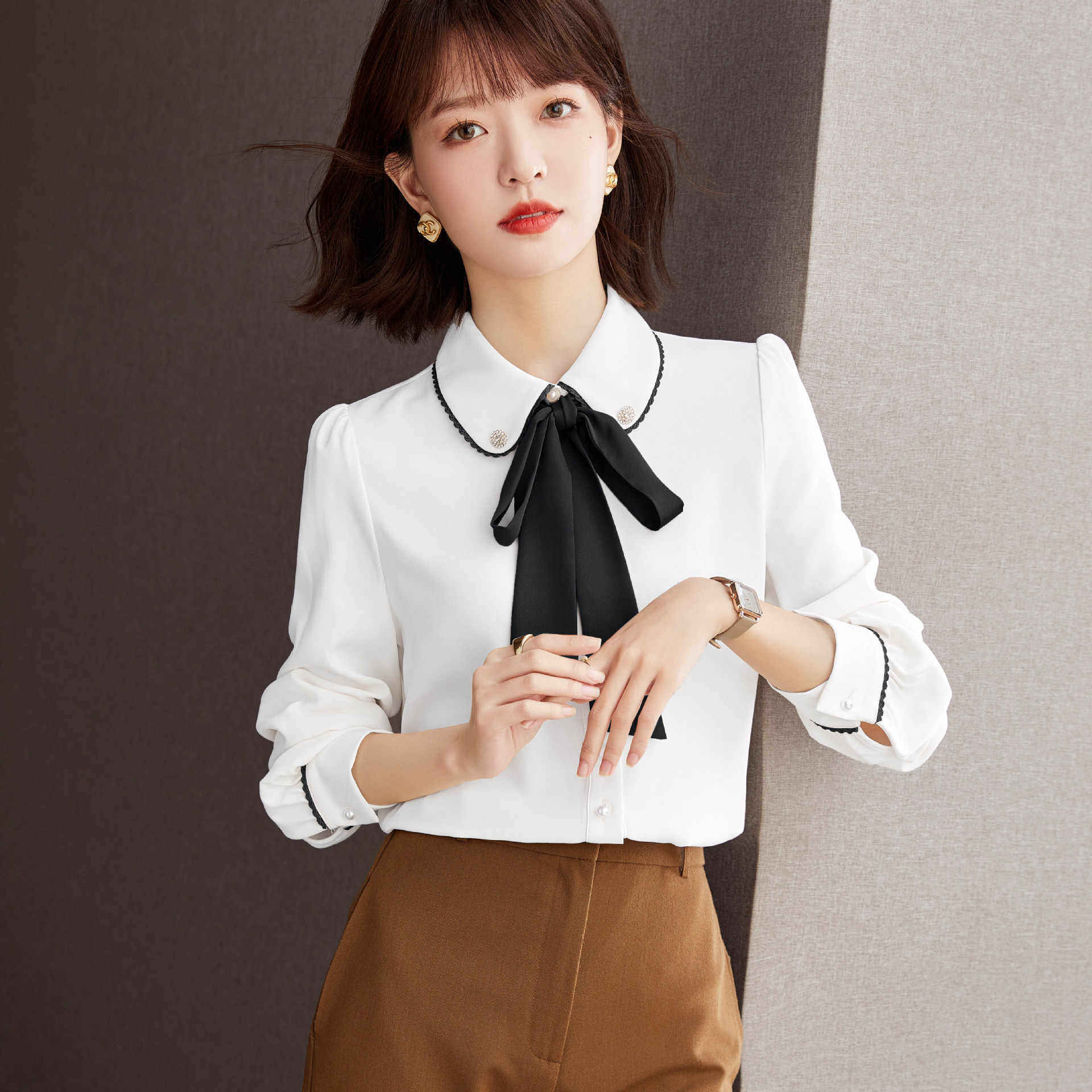 官方品牌小众娃娃领飘带蝴蝶结白色雪纺衬衫女长袖法式衬衣秋冬内