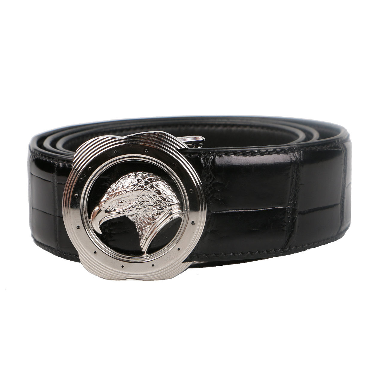 [9.9新]史蒂芬男士鳄鱼皮皮带银色鹰头黑色皮带